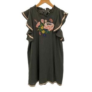 THML Tunic Shift Dress womens small Olive Green Embroidered Ruffle sleeve Cotton